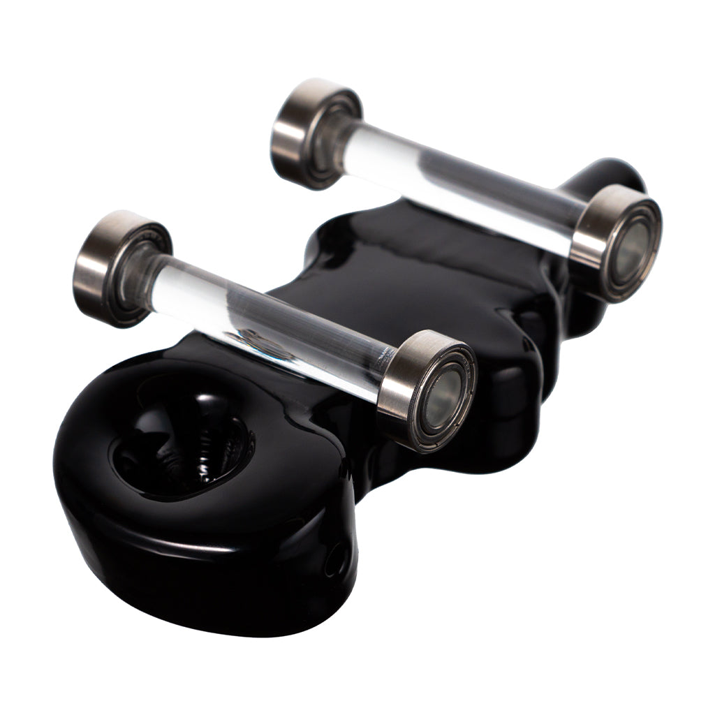 Cookies Toke Deck black skateboard-shaped hand pipe with functional wheels and single hole push bowl bottom view