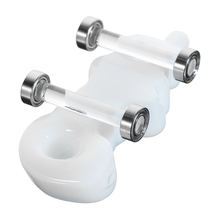 Cookies Toke Deck white skateboard-shaped hand pipe with functional wheels and single hole push bowl bottom view