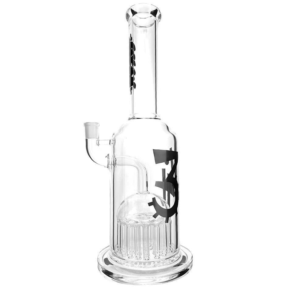 Angled view of AFM - 34 Arm Tube water pipe highlighting the 14mm female joint and precision-cut tree perc for smooth filtration.