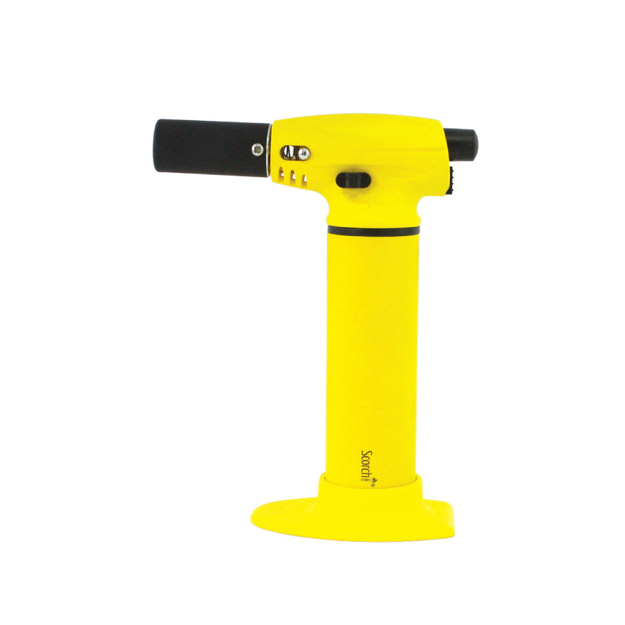 Scorch 51317 Cigar Torch Lighter in Yellow — 7" tabletop butane torch, 2500°F adjustable flame, 90° angled nozzle, piezo ignition