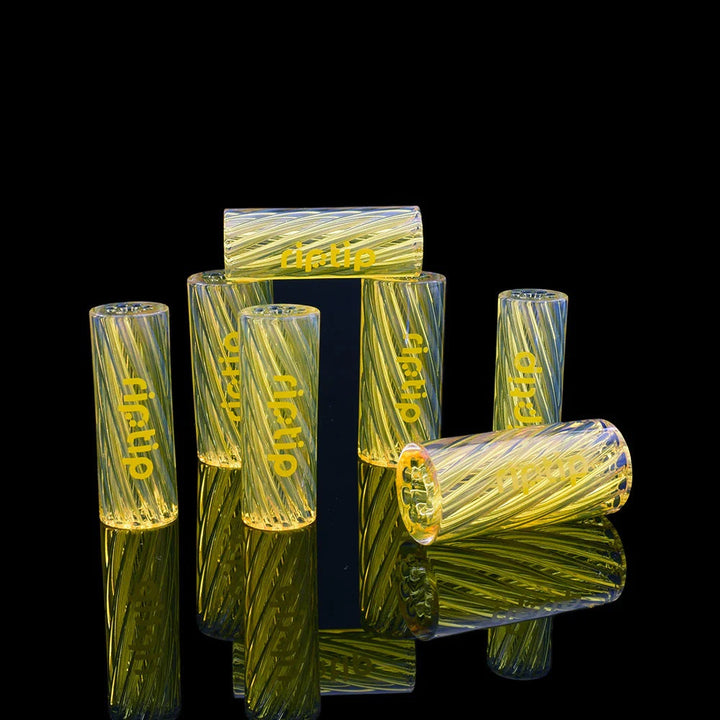 North Star Yellow Gordo Scientific Rip Tips with white logo, reusable glass filter tips for joints and blunts, handcrafted for durability and style.