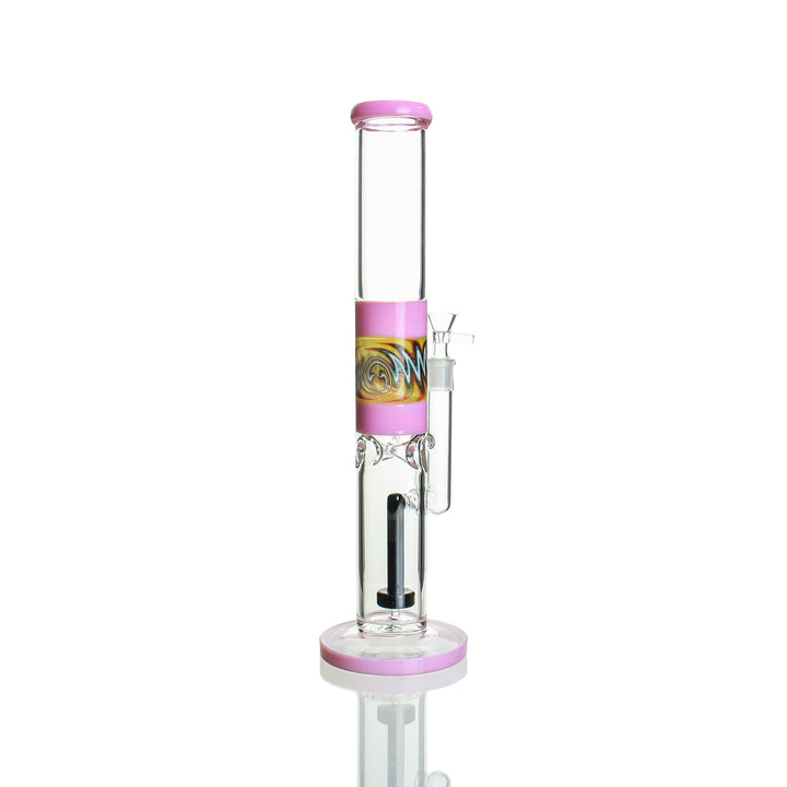15" straight stemless tube bong — milky pink wig wag detail, ice pinches and showerhead downstem