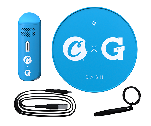 G Pen Dash Cookies kit – vaporizer, charger cable, and accessories arranged with blue branding.