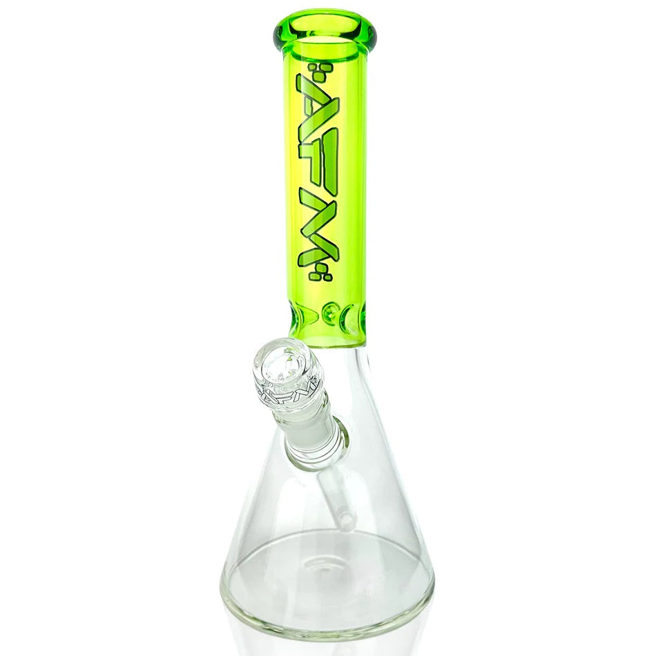 AFM - 12" Color Neck Beaker water pipe with green colored neck, 18mm female joint, and 14mm male bowl. Features 3 ice pinches and AFM logo.