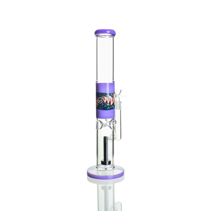 15" straight stemless tube bong — milky purple wig wag detail, ice pinches and showerhead downstem