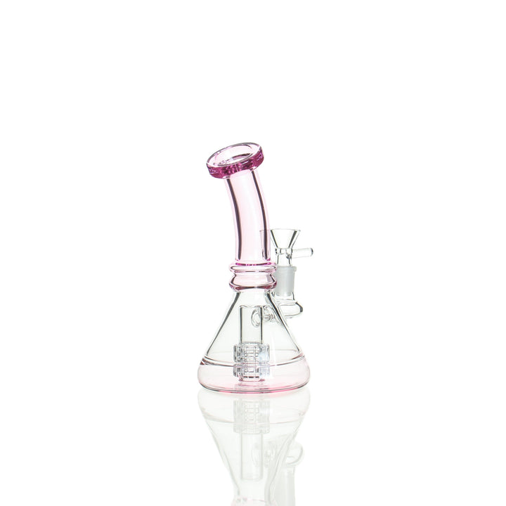 7" Beaker with matrix perc — pink glass bong, detail view