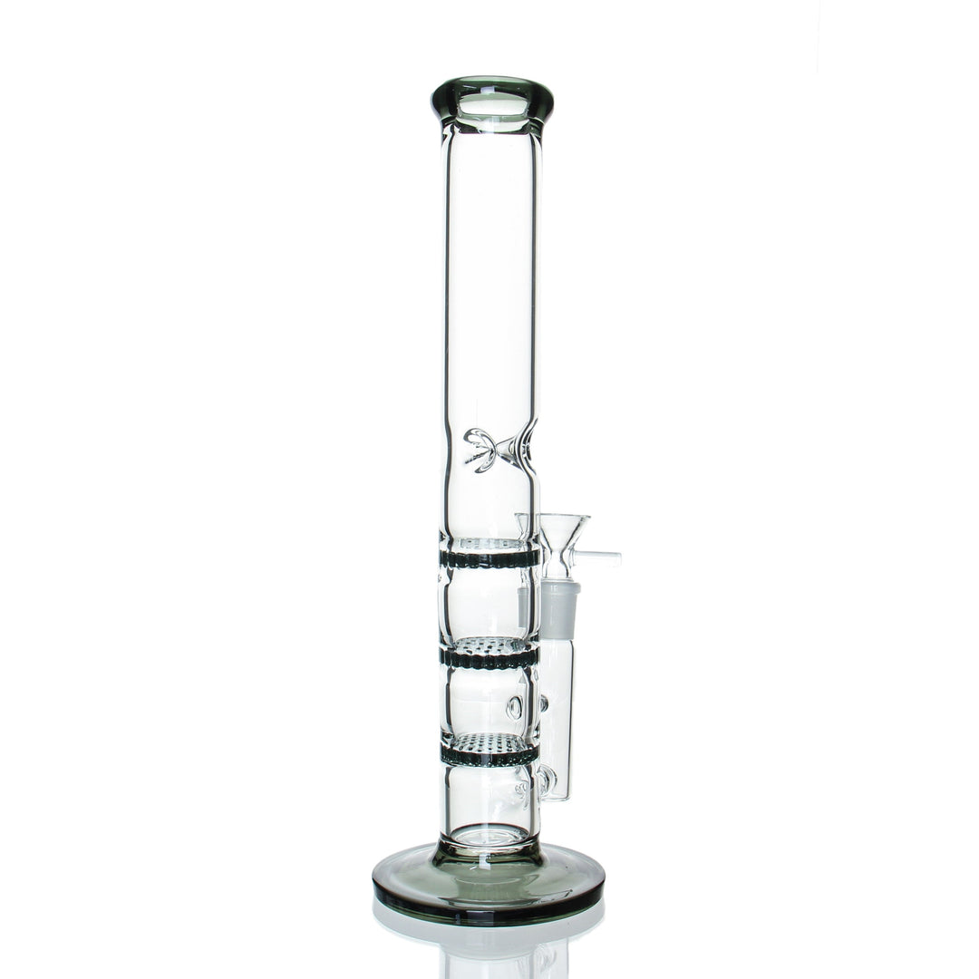 12" Straight Triple Honeycomb in Smoke — side angle view showing the three stacked honeycomb percs through the tube