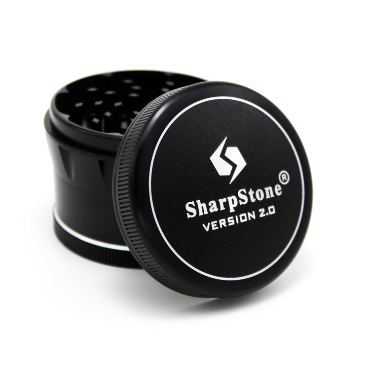Sharpstone V2 4 Piece 2.5" Grinder in Black — aircraft-grade aluminum herb grinder with diamond teeth, pollen screen and kief catch