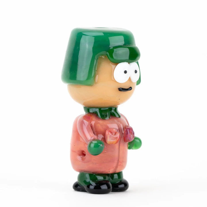 Side angle of K-Dawg character pipe with green hat and gloves