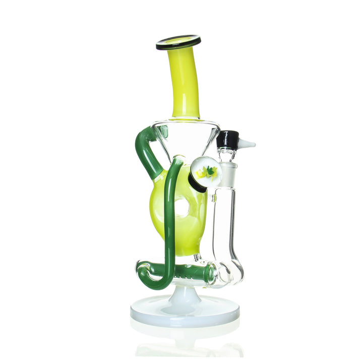 Ben Wilson Triple Donut Inline Recycler Yellow & Green handblown bong - alternate view