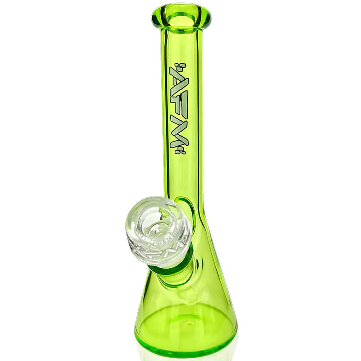 AFM - 8" Nano Beaker water pipe in neon green glass featuring 18mm female joint, removable downstem, and sleek beaker base design.