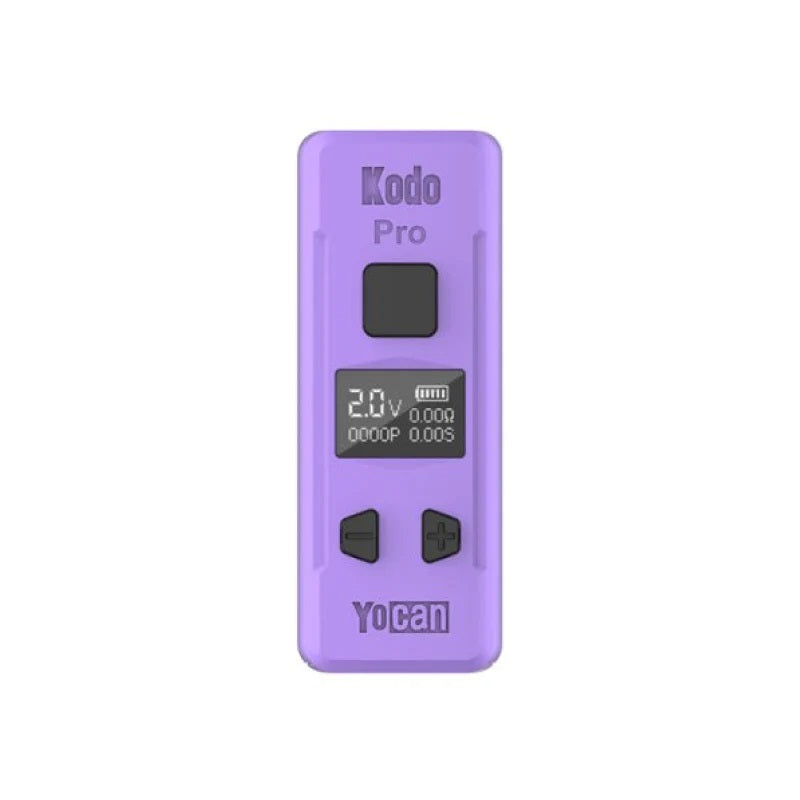 Purple Yocan Kodo Pro Box Mod with 400mAh battery, OLED screen, and USB-C charging. Stylish 510-thread vape battery for sale.