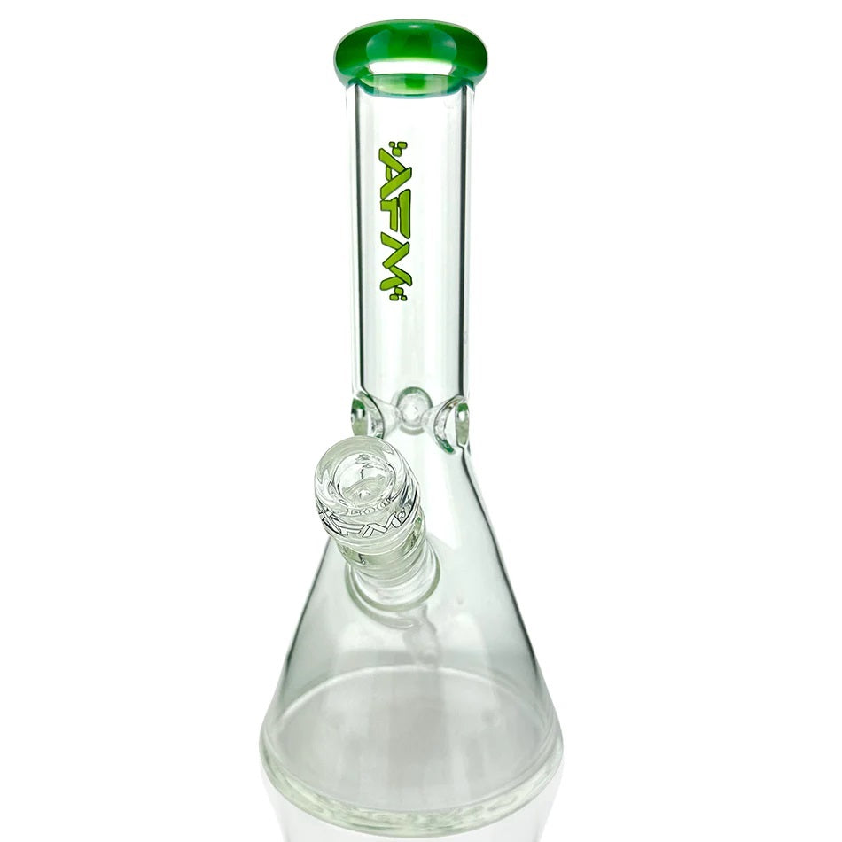 AFM- 10&quot; Color Lip Beaker bong in clear glass with green colored lip, removable downstem, and 5mm thick base. Includes 14mm male AFM bowl.
