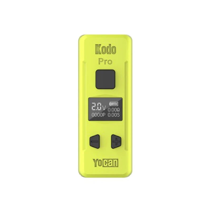 Yellow Yocan Kodo Pro Box Mod featuring 400mAh battery, OLED screen, and USB-C charging. Bright and portable vape battery on discount.