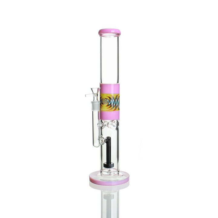 15" straight stemless tube bong — milky pink hand-worked wig wag section, front view