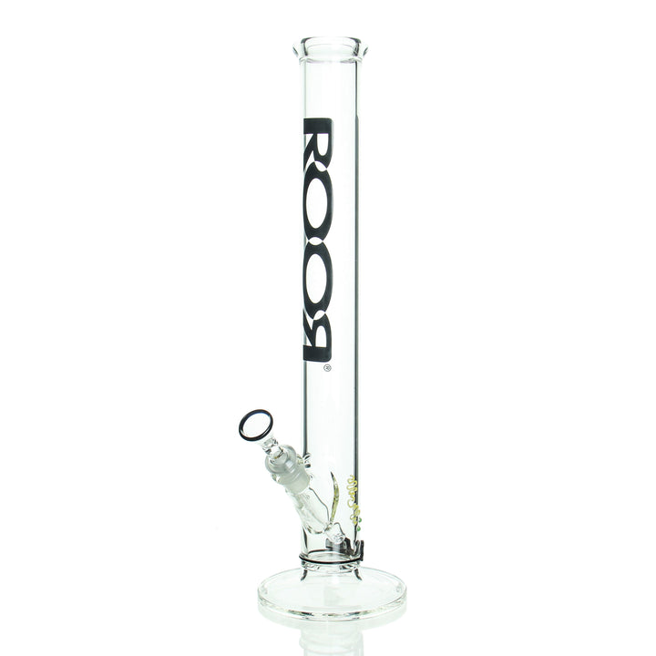 RooR 18in Straight Tube Black — 50x5mm German Schott glass bong with black label, front view