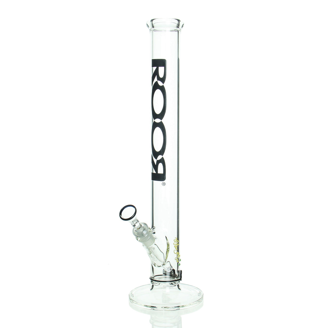 RooR 18in Straight Tube Black — 50x5mm German Schott glass bong with black label, front view