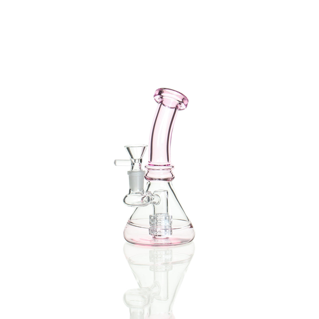 7" Beaker with matrix perc — pink borosilicate glass water pipe, front view