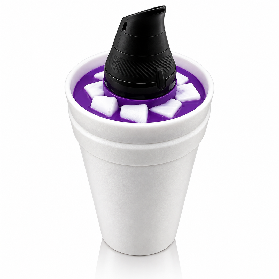 710 Print Shop white foam double cup attachment with a purple ice filled rim holding a black Puffco Proxy Core