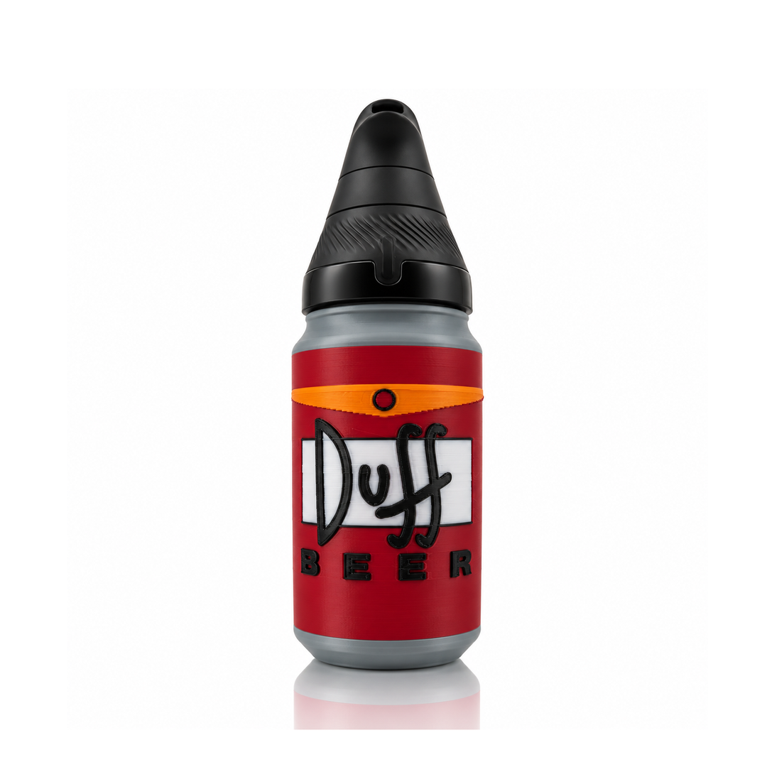 710 Print Shop red and silver 3D printed beer can attachment with a black Puffco Proxy Core in the top