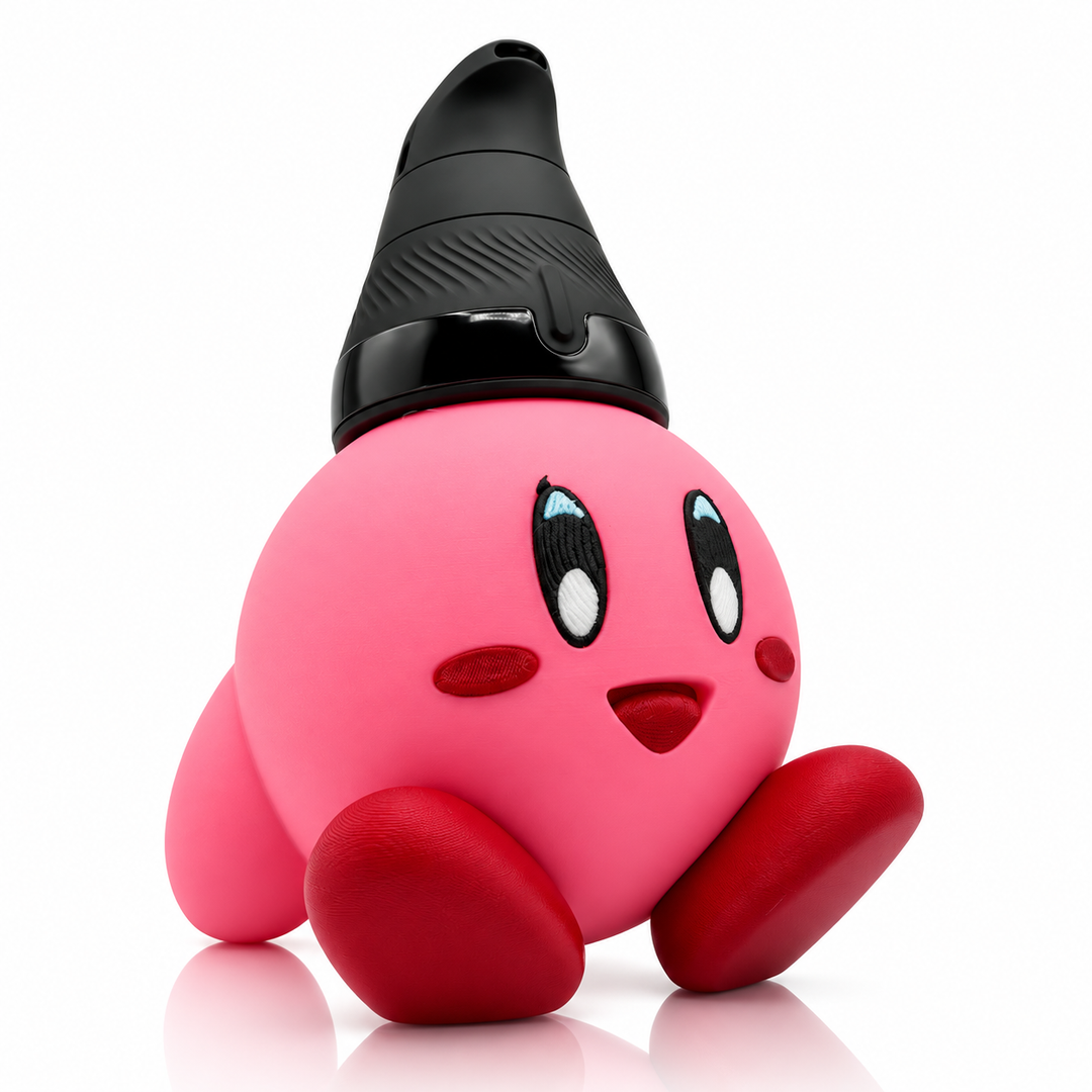710 Print Shop pink round character attachment with red feet holding a black Puffco Proxy Core
