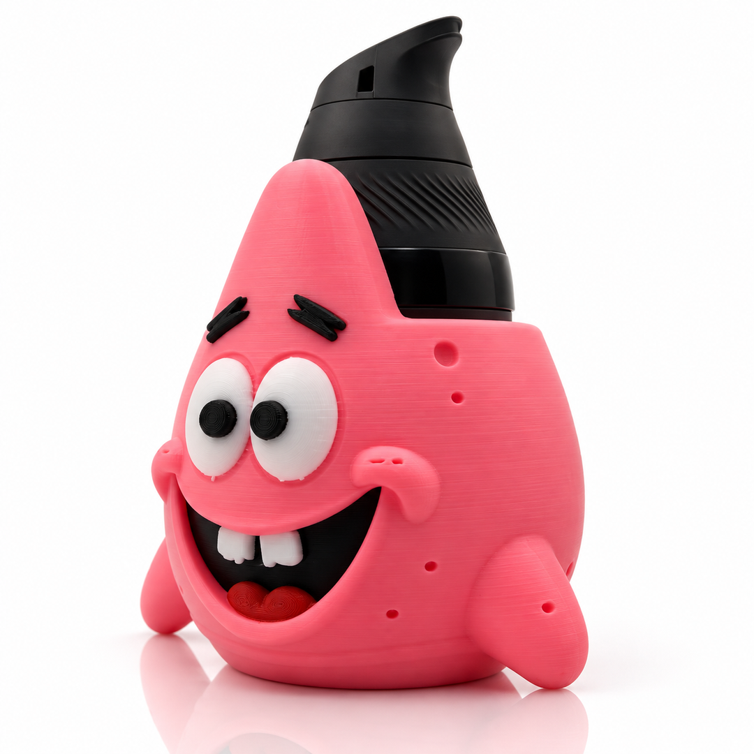 710 Print Shop pink starfish character attachment holding a black Puffco Proxy Core in its back