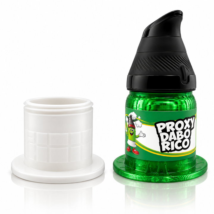 The green bottle sleeve with the Proxy Core inside, twisted off and stood beside the open white base, showing the hollow stash compartment and its printed screw thread