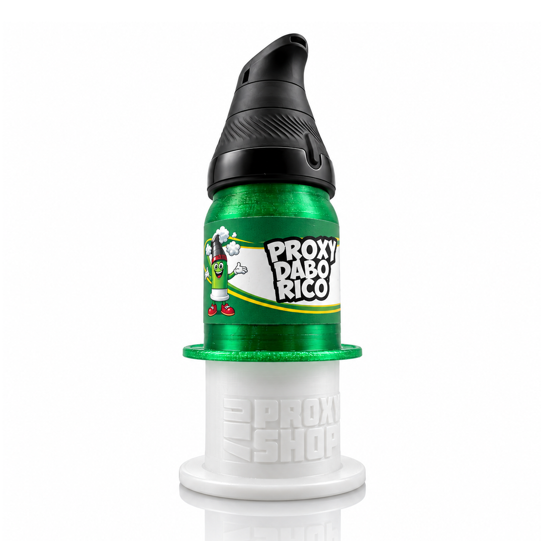 710 Print Shop translucent green Proxy Dabo Rico bottle attachment screwed onto its white base, with a black Puffco Proxy Core seated in the top of the sleeve