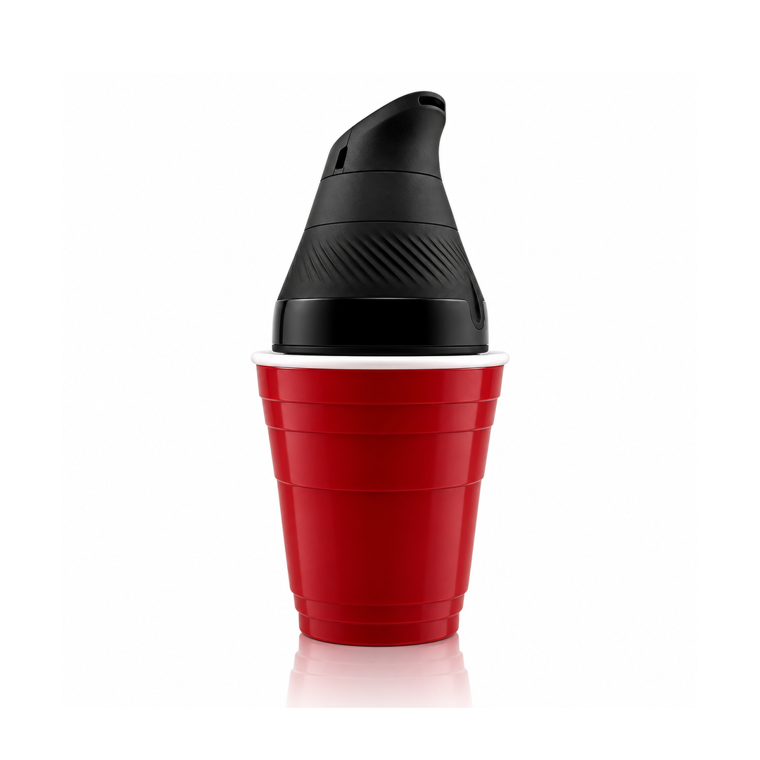 710 Print Shop red and white 3D printed party cup attachment with a black Puffco Proxy Core seated in the top