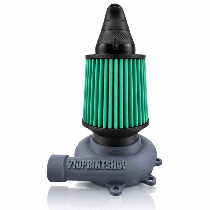 710 Print Shop grey turbo housing attachment with a green cone filter holding a black Puffco Proxy Core