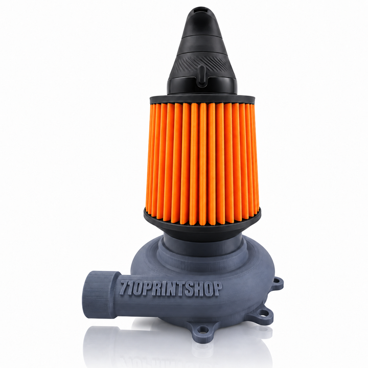 710 Print Shop grey turbo housing attachment with an orange cone filter holding a black Puffco Proxy Core