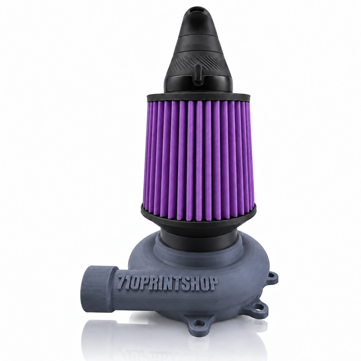 710 Print Shop grey turbo housing attachment with a purple cone filter holding a black Puffco Proxy Core