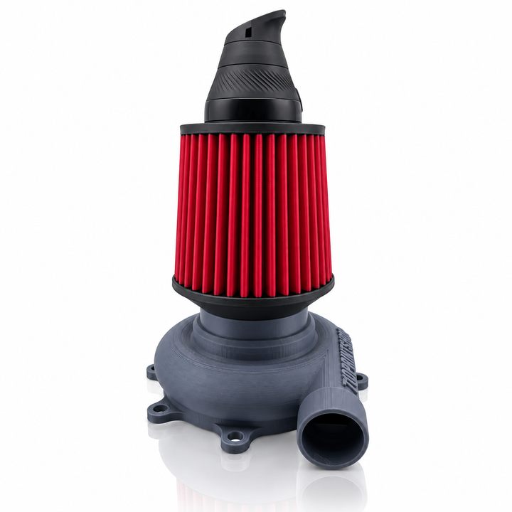 Back view of the 710 Print Shop turbo attachment with a red cone filter, showing the outlet pipe on the grey housing