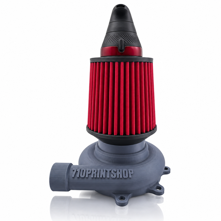 710 Print Shop grey turbo housing attachment with a red cone filter holding a black Puffco Proxy Core
