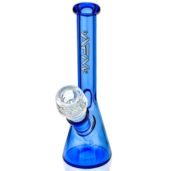 AFM - 8" Nano Beaker water pipe in transparent cobalt blue with AFM logo, 14mm male bowl and single ice notch, ideal for compact smoking setups.