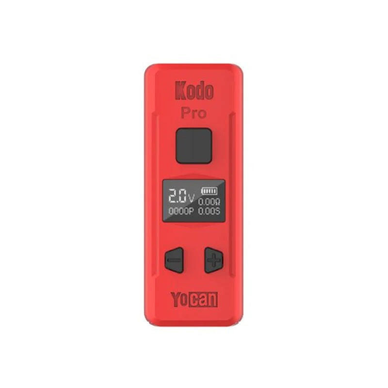 Red Yocan Kodo Pro Box Mod vape battery with OLED screen, USB-C charging, and 400mAh capacity. Compact 510-thread vaporizer on sale.