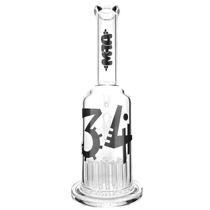 Side view of AFM - 34 Arm Tube water pipe showcasing reinforced 34-arm tree percolator and large black '34' graphic on clear glass.