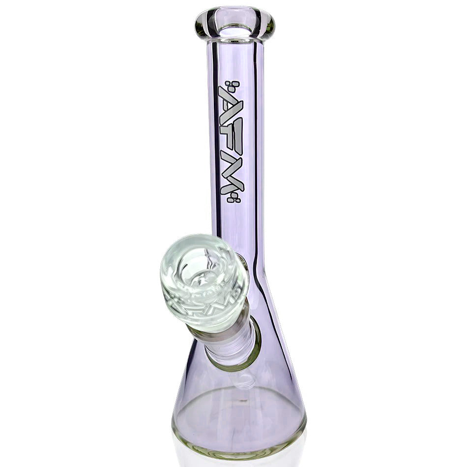 AFM - 8&quot; Nano Beaker water pipe in light purple glass with 14mm male AFM bowl and 2.75&quot; base diameter, perfect for portable use and smooth hits.