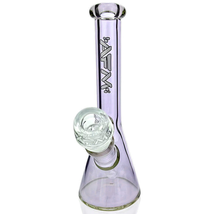 AFM - 8" Nano Beaker water pipe in light purple glass with 14mm male AFM bowl and 2.75" base diameter, perfect for portable use and smooth hits.