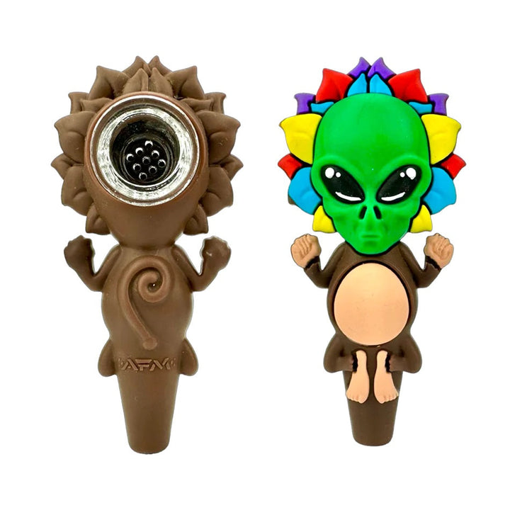 Front and back views of AFM Silicone Pipe - Alien Flower Monkey, showcasing colorful alien face and durable silicone construction.