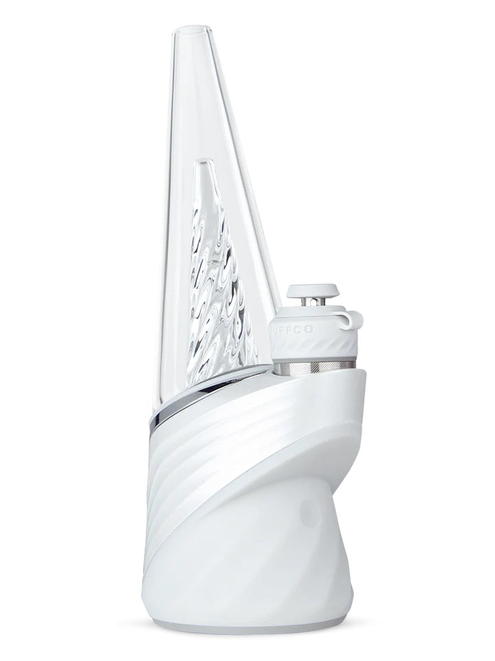 Puffco Peak Pro V2 in Pearl – white base with cone glass and 3D chamber, modern electronic dab rig.