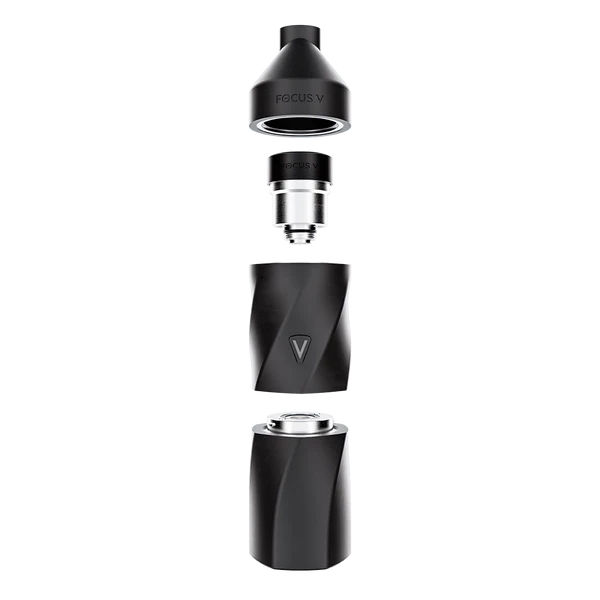 Focus V Aeris Black – exploded diagram showing Intelli-Core 360° heating system and removable battery.