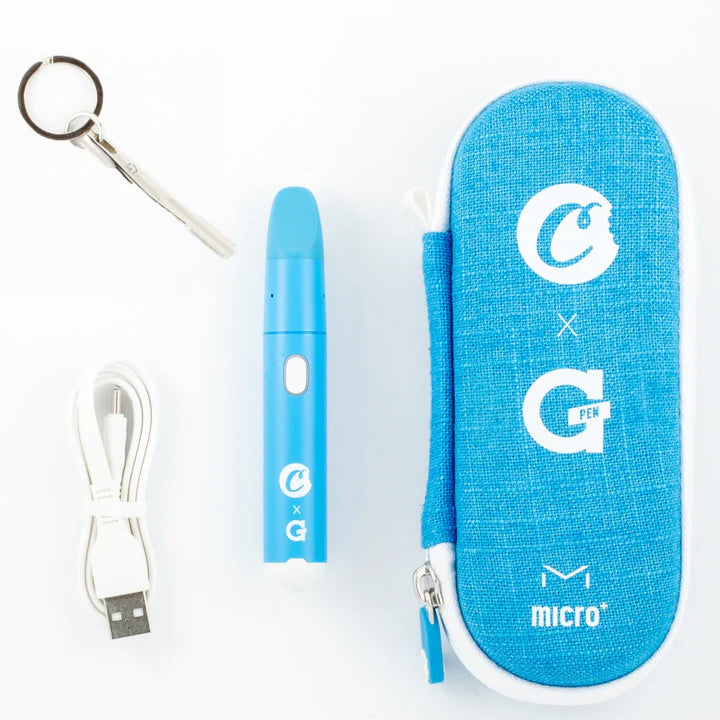 G Pen Micro+ Cookies kit – blue travel case, USB-C cable, tool, and Micro+ vaporizer arranged flat.