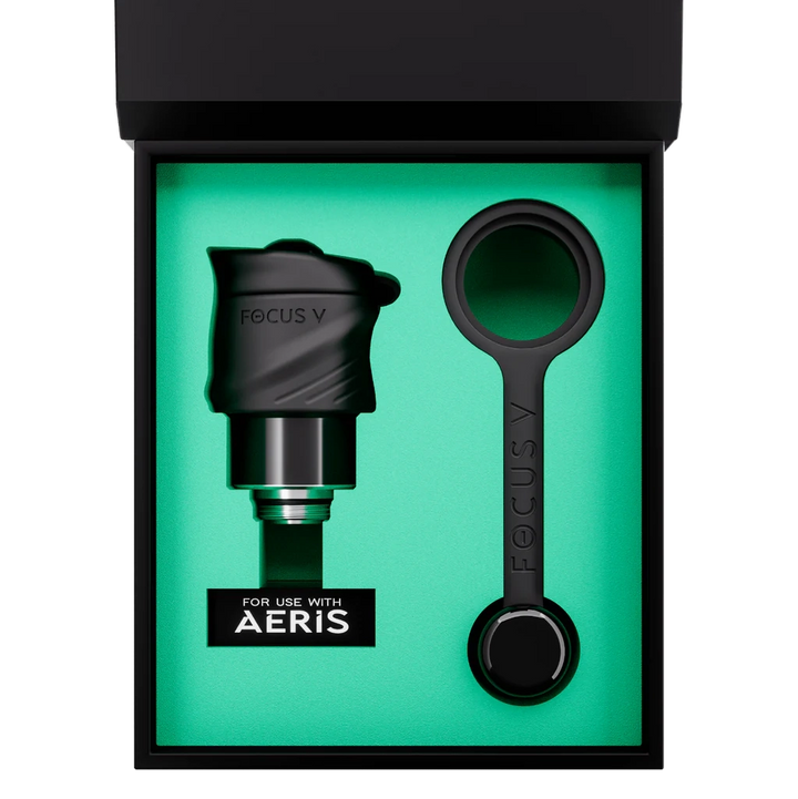 Focus V Intelli Core Max Atomizer kit for Aeris, includes atomizer and magnetic tool in premium green-lined packaging.