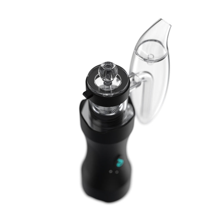 Top-down view of Dr. Dabber XS Concentrate Vaporizer highlighting the glass carb cap and heating chamber.