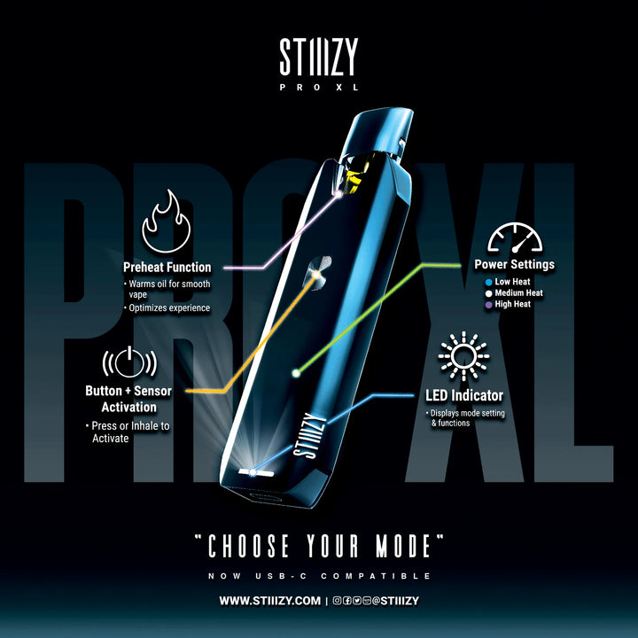 stiiizy pro xl battery voltage settings infographic showing adjustable power levels and pod compatibility