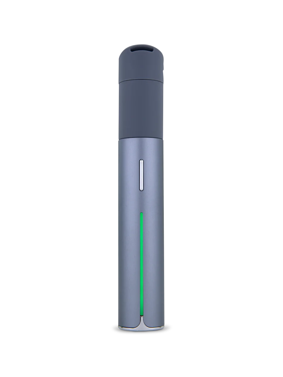 Puffco Pivot Slate – angled floating image showcasing polished blue-gray body and LED band.