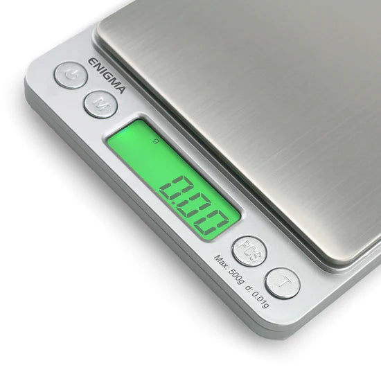truweigh enigma digital scale side angle showing slim profile and control buttons