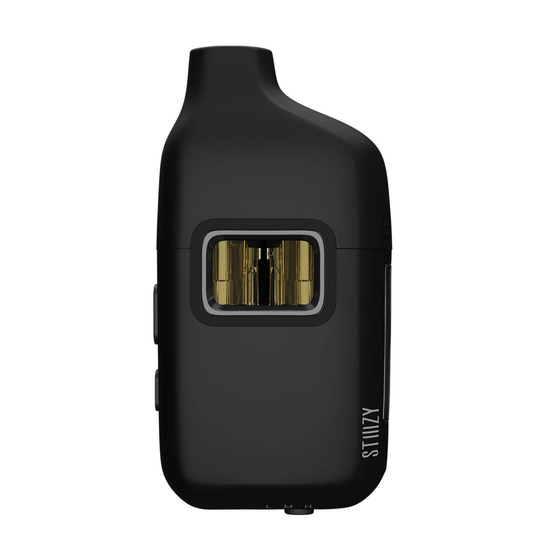 Stiiizy Bar Battery in Black — front view of the closed dual-pod chamber vape device with LED display (pods sold separately, not included)