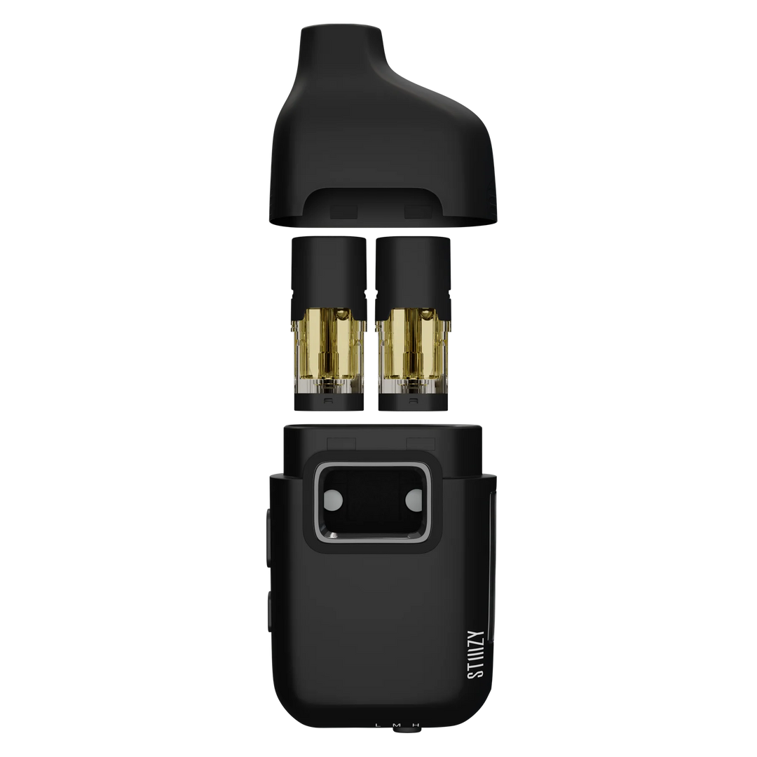 Stiiizy Bar Battery shown open with two STIIIZY 1g pods loaded to illustrate the dual-pod chamber design — pods pictured are sold separately and not included with the battery